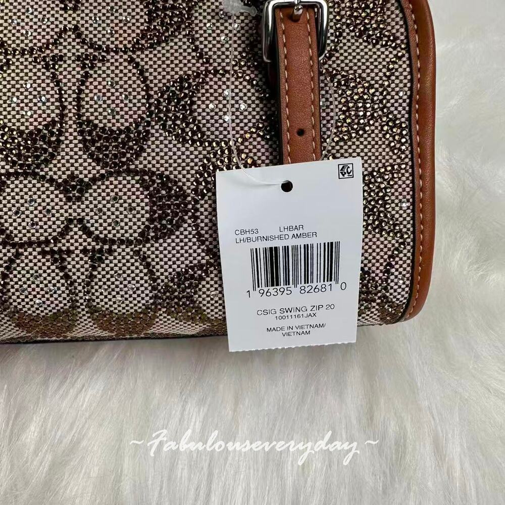 Coach Swing Zip Bag 20 Crystal Signature Jacquard Silver/Burnished Amber CBH53 - Picture 7 of 10